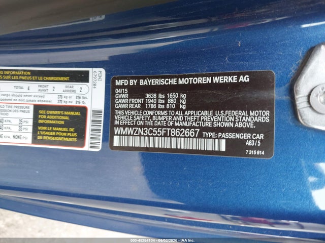 2015 Mini Convertible Cooper მანქანა იყიდება აუქციონზე, vin: WMWZN3C55FT862667, აუქციონის ნომერი: 45264104