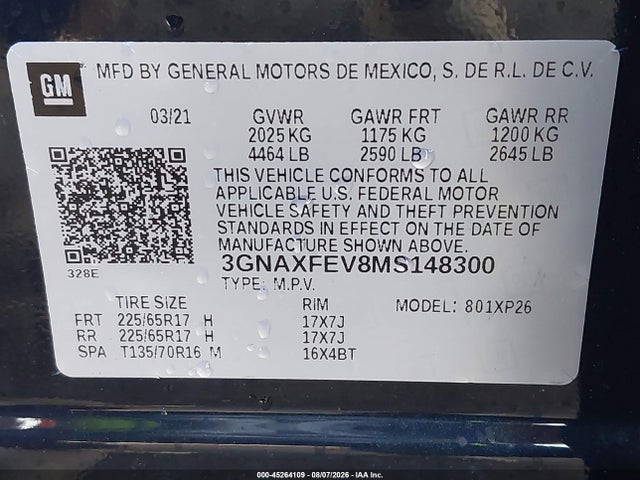 3GNAXFEV8MS148300 Chevrolet Equinox Fwd 1fl