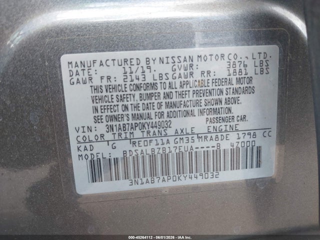Продаж на аукціоні авто 2019 Nissan Sentra S, vin: 3N1AB7AP0KY449032, номер лоту: 45264112
