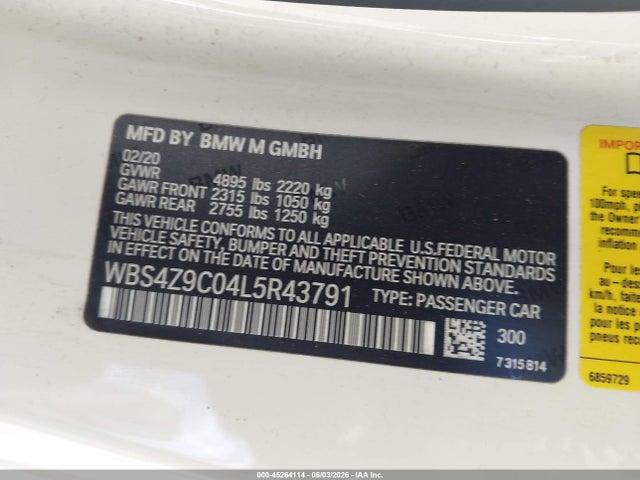 Продажа на аукционе авто 2020 Bmw M4, vin: WBS4Z9C04L5R43791, номер лота: 45264114