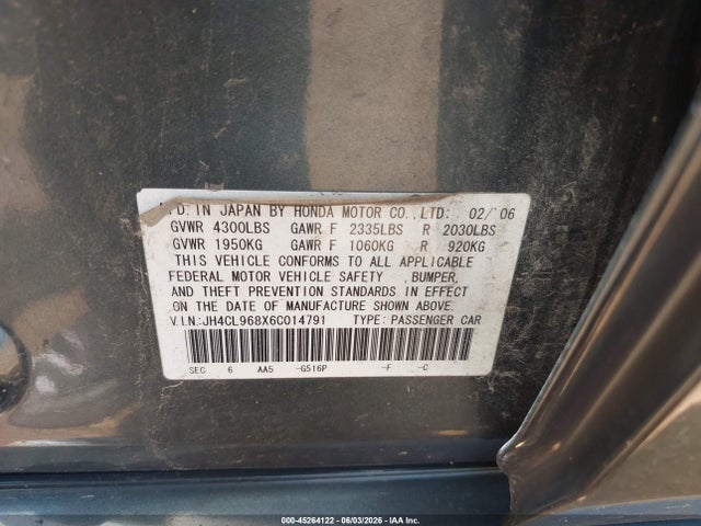 45264122 :رقم المزاد ، JH4CL968X6C014791 vin ، 2006 Acura Tsx مزاد بيع