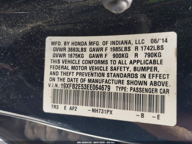 Продаж на аукціоні авто 2014 Honda Civic Lx, vin: 19XFB2E53EE064679, номер лоту: 45264125