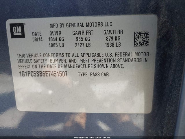 Aukcja sprzedaży 2014 Chevrolet Cruze 1lt Auto, vin: 1G1PC5SB6E7451507, numer aukcji: 45264135