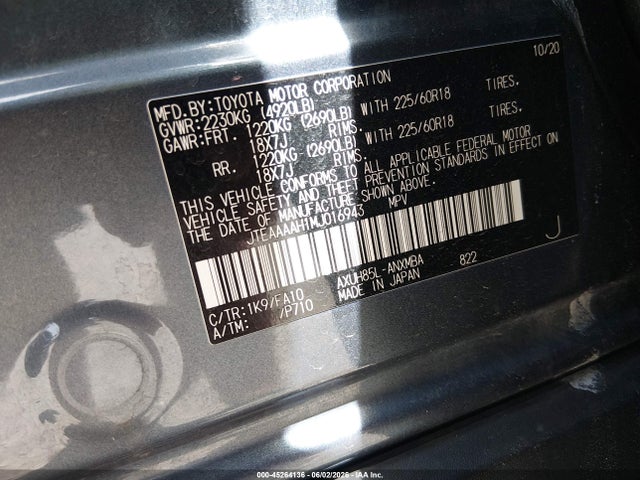 Aukcja sprzedaży 2021 Toyota Venza Le, vin: JTEAAAAH1MJ016943, numer aukcji: 45264136