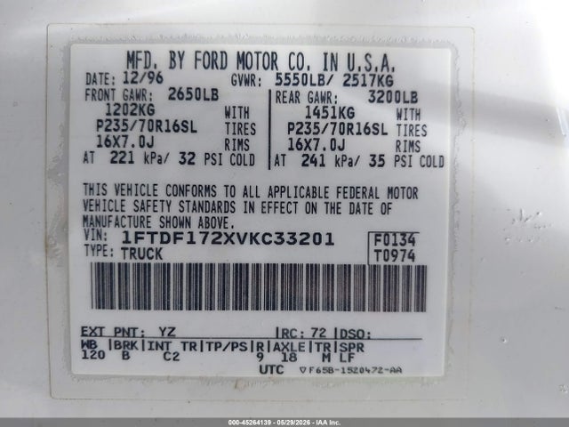 Aukcja sprzedaży 1997 Ford F-150 Standard/xl/xlt, vin: 1FTDF172XVKC33201, numer aukcji: 45264139