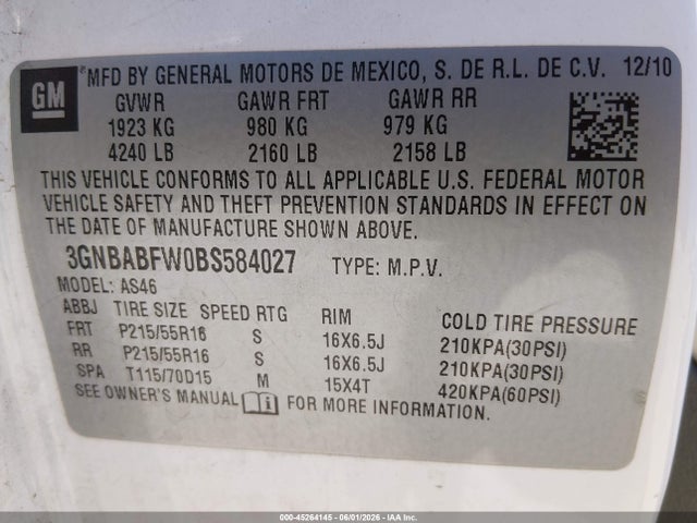 2011 Chevrolet Hhr Lt მანქანა იყიდება აუქციონზე, vin: 3GNBABFW0BS584027, აუქციონის ნომერი: 45264145