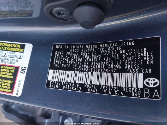 45264149 :رقم المزاد ، 5YFBPRHE3GP478647 vin ، 2016 Toyota Corolla Le Plus مزاد بيع