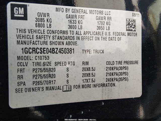 Aukcja sprzedaży 2011 Chevrolet Silverado 1500 Lt, vin: 1GCRCSE04BZ450381, numer aukcji: 45264182