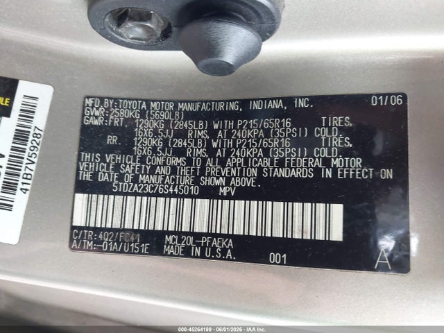 Продаж на аукціоні авто 2006 Toyota Sienna Le, vin: 5TDZA23C76S445010, номер лоту: 45264199