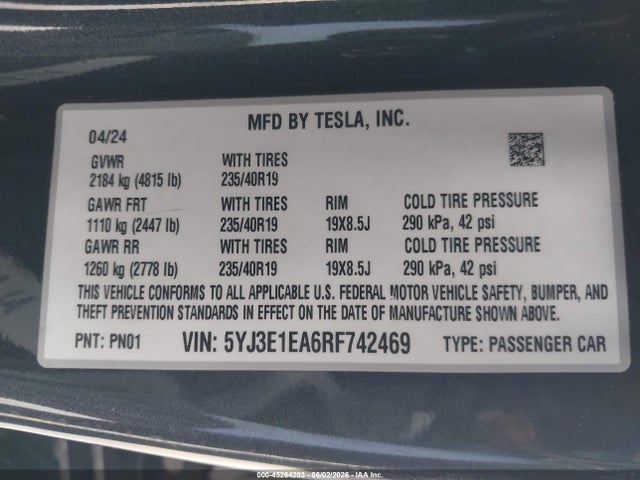 Продажа на аукционе авто 2024 Tesla Model 3 Long Range Dual Motor All-wheel Drive/rear-wheel Drive, vin: 5YJ3E1EA6RF742469, номер лота: 45264203