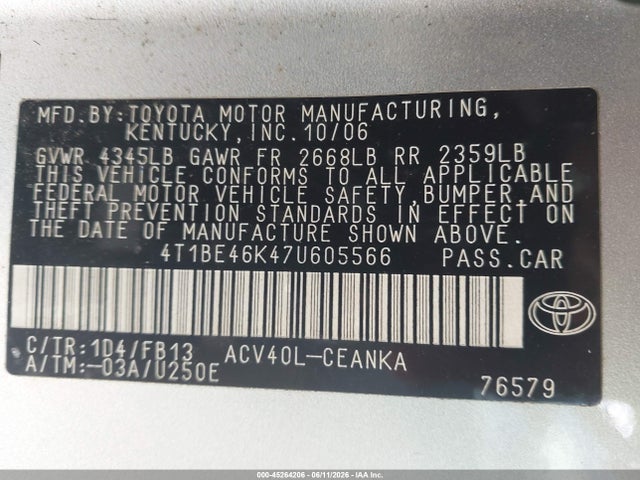 Aukcja sprzedaży 2007 Toyota Camry Ce/le/xle/se, vin: 4T1BE46K47U605566, numer aukcji: 45264206