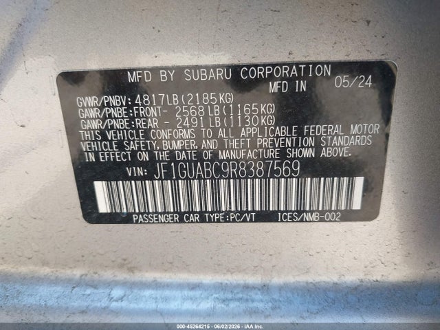 Продаж на аукціоні авто 2024 Subaru Impreza Base 5-door, vin: JF1GUABC9R8387569, номер лоту: 45264215