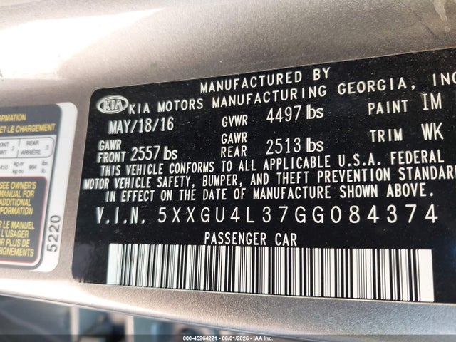 Aukcja sprzedaży 2016 Kia Optima Ex, vin: 5XXGU4L37GG084374, numer aukcji: 45264221