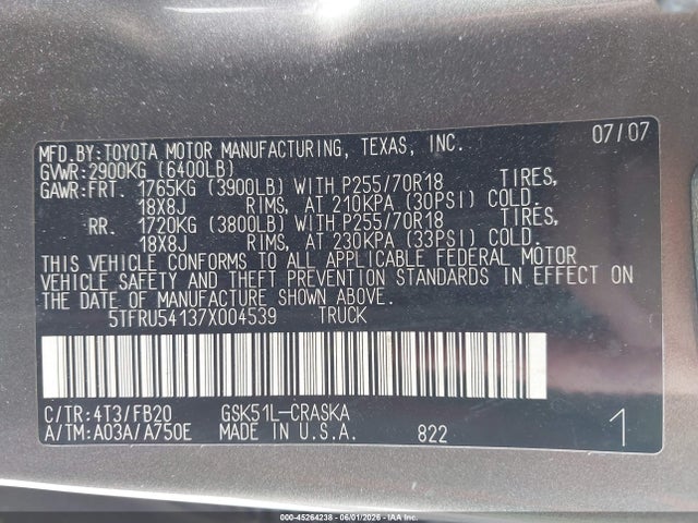 2007 Toyota Tundra Sr5 V6 მანქანა იყიდება აუქციონზე, vin: 5TFRU54137X004539, აუქციონის ნომერი: 45264238