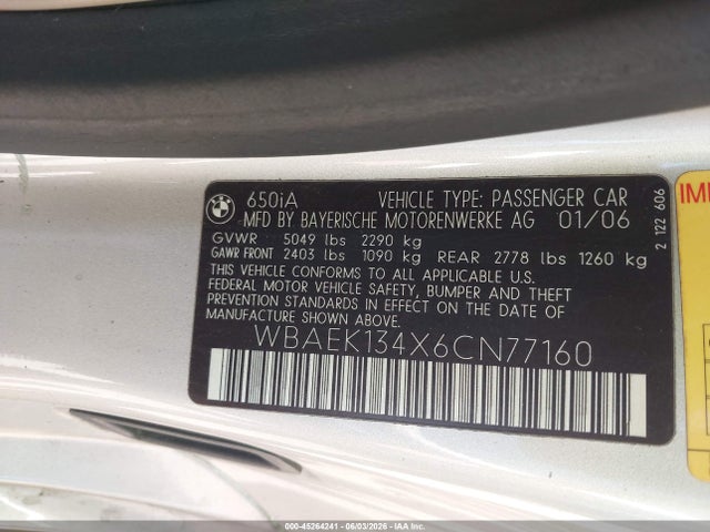 Aukcja sprzedaży 2006 Bmw 650i, vin: WBAEK134X6CN77160, numer aukcji: 45264241