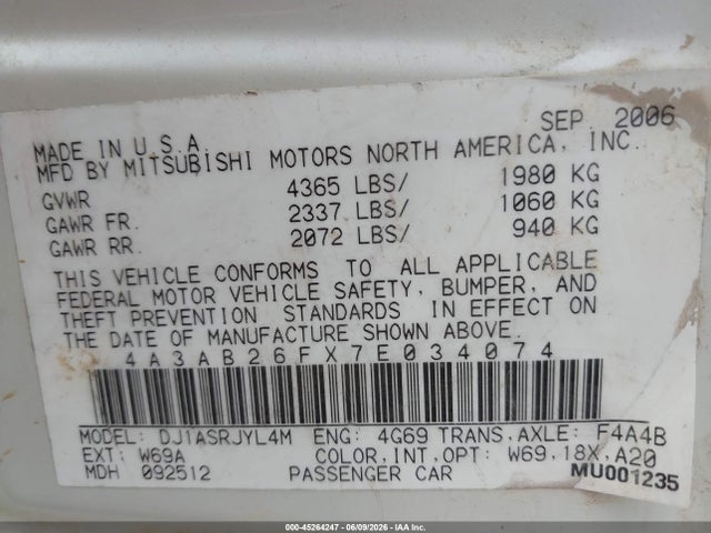 Aukcja sprzedaży 2007 Mitsubishi Galant De, vin: 4A3AB26FX7E034074, numer aukcji: 45264247