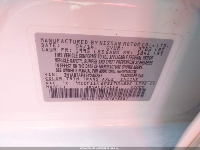 3N1AB7AP4EY245287 Nissan Sentra Fe+ S/fe+ Sv/s/sl/sr/sv