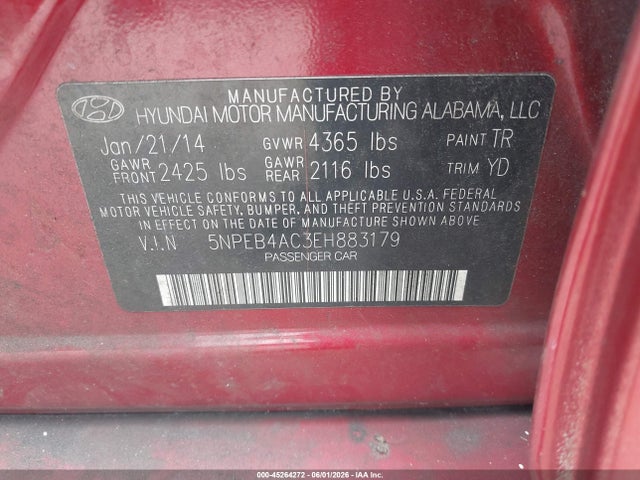 Aukcja sprzedaży 2014 Hyundai Sonata Gls, vin: 5NPEB4AC3EH883179, numer aukcji: 45264272