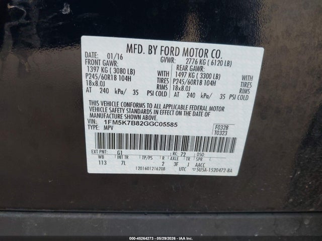 45264273 :رقم المزاد ، 1FM5K7B82GGC05585 vin ، 2016 Ford Explorer مزاد بيع