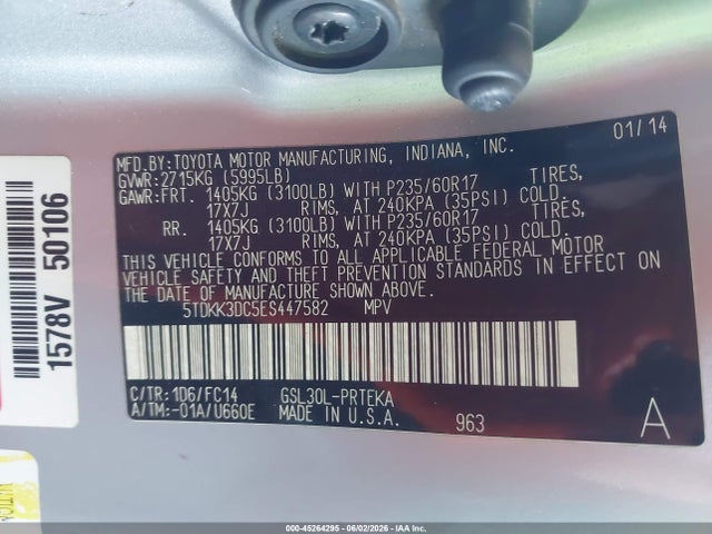 45264295 :رقم المزاد ، 5TDKK3DC5ES447582 vin ، 2014 Toyota Sienna Le V6 8 Passenger مزاد بيع