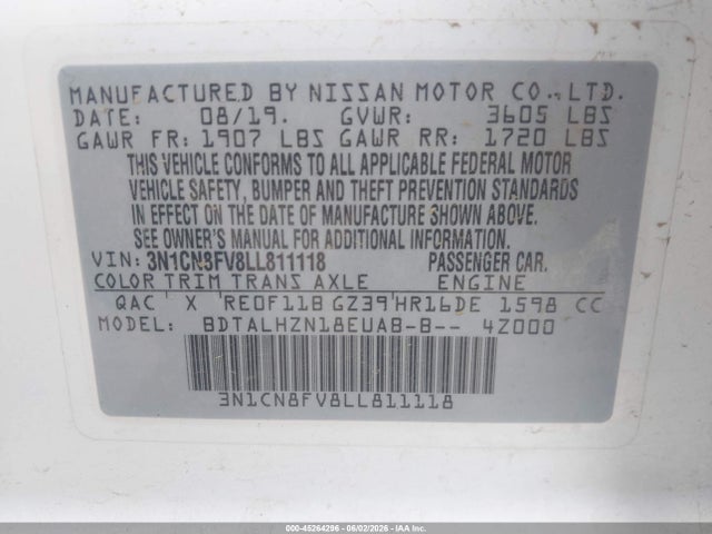 Nissan Versa Sr Xtronic Cvt 2020 3N1CN8FV8LL811118 Image 9
