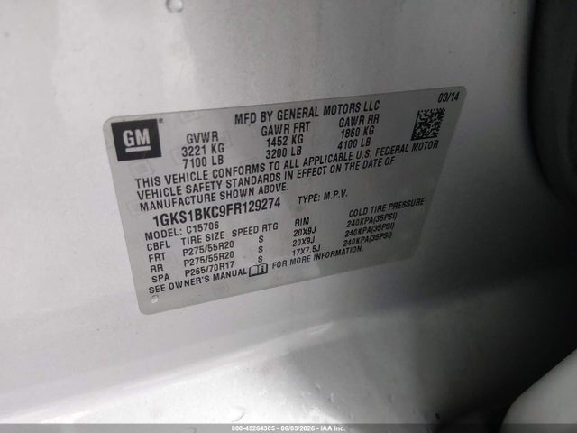 GMC YUKON SLT 2015 1GKS1BKC9FR129274 Image 9