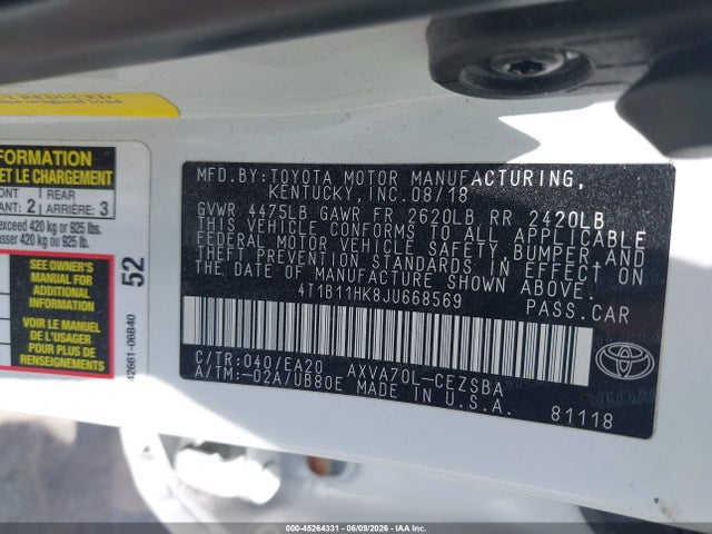 Aukcja sprzedaży 2018 Toyota Camry Se, vin: 4T1B11HK8JU668569, numer aukcji: 45264331