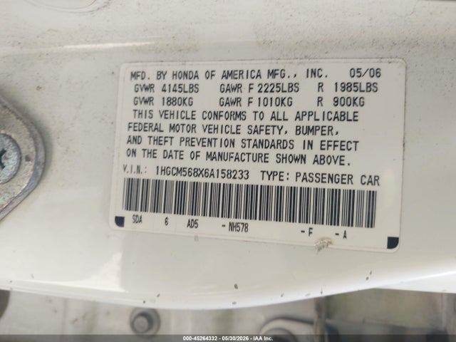 2006 Honda Accord 2.4 Ex მანქანა იყიდება აუქციონზე, vin: 1HGCM568X6A158233, აუქციონის ნომერი: 45264332