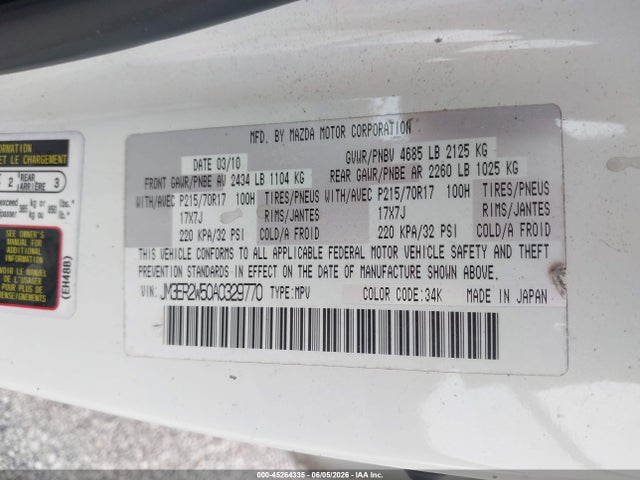 Aukcja sprzedaży 2010 Mazda Cx-7 I Sv, vin: JM3ER2W50A0329770, numer aukcji: 45264335