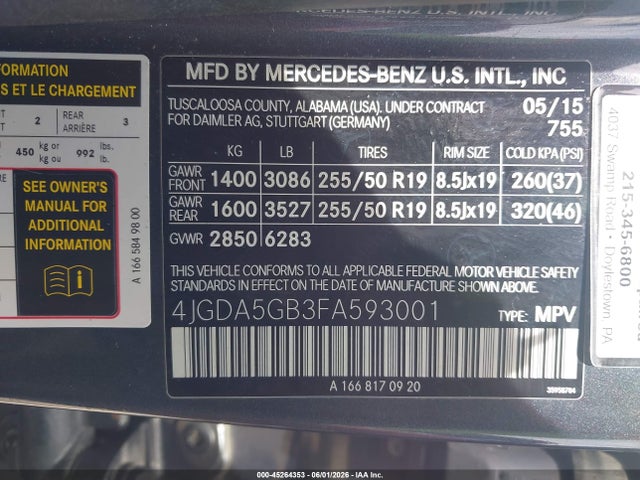 45264353 :رقم المزاد ، 4JGDA5GB3FA593001 vin ، 2015 Mercedes-benz Ml 400 4matic مزاد بيع