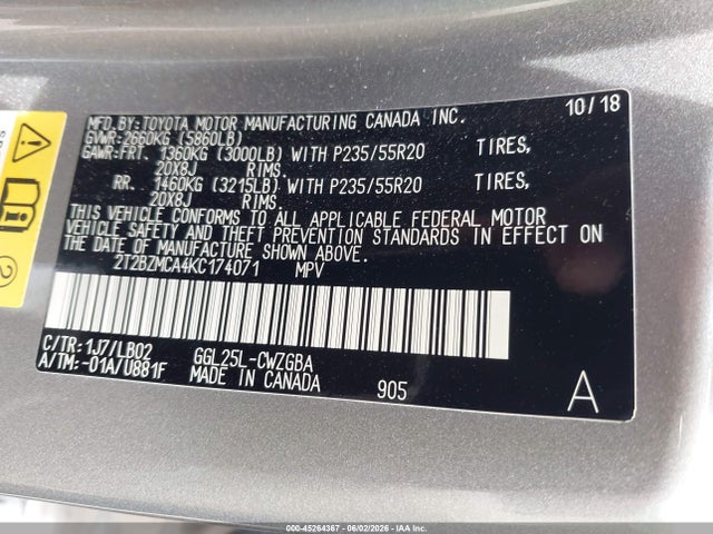 45264367 :رقم المزاد ، 2T2BZMCA4KC174071 vin ، 2019 Lexus Rx 350 مزاد بيع