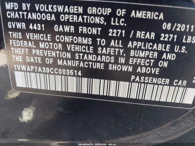 Продаж на аукціоні авто 2012 Volkswagen Passat 2.5l S, vin: 1VWAP7A39CC003514, номер лоту: 45264376