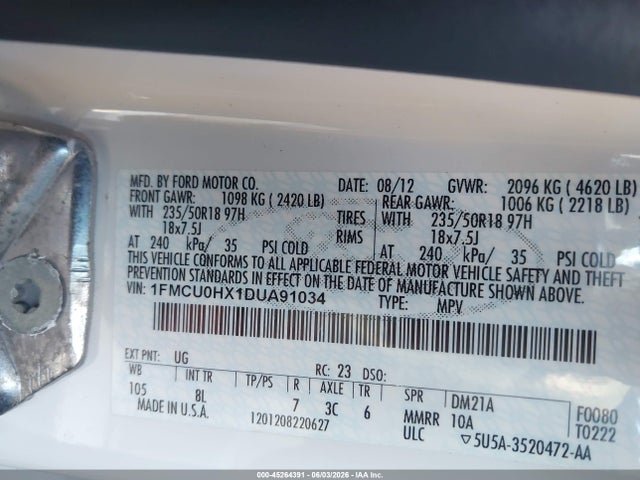 Aukcja sprzedaży 2013 Ford Escape Sel, vin: 1FMCU0HX1DUA91034, numer aukcji: 45264391
