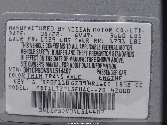 3N1CP5DV0NL514407 Nissan Kicks Sr Xtronic Cvt