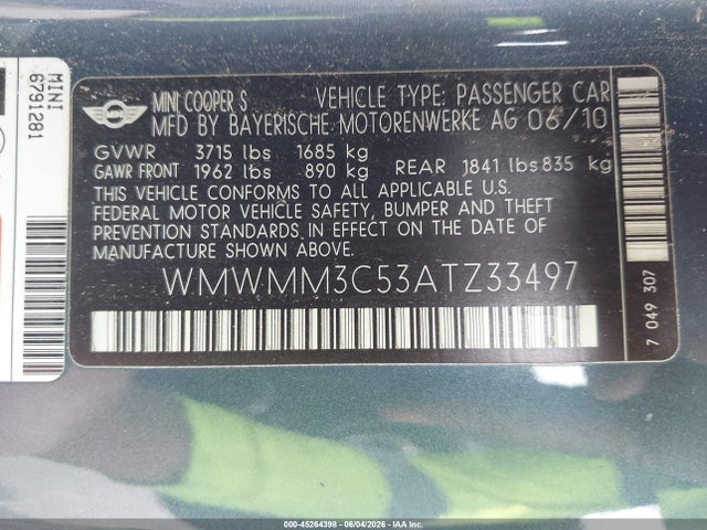 Aukcja sprzedaży 2010 Mini Cooper S Clubman, vin: WMWMM3C53ATZ33497, numer aukcji: 45264398