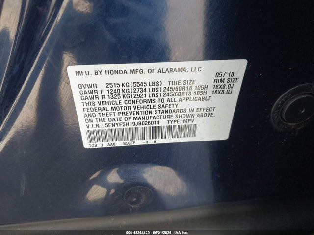 Honda PILOT LX 2018 5FNYF5H19JB026014 Image 9