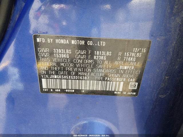 Aukcja sprzedaży 2016 Honda Fit Lx, vin: JHMGK5H5XGX016387, numer aukcji: 45264439