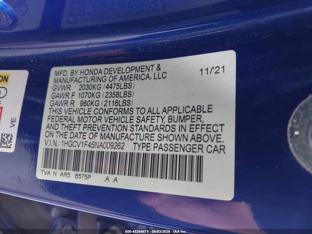 Продажа на аукционе авто 2022 Honda Accord Sport Special Edition, vin: 1HGCV1F45NA009262, номер лота: 45264478