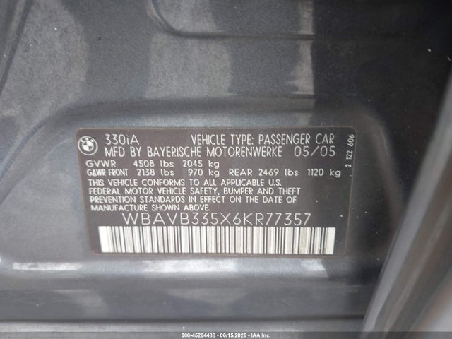 Продажа на аукционе авто 2006 Bmw 330i, vin: WBAVB335X6KR77357, номер лота: 45264488