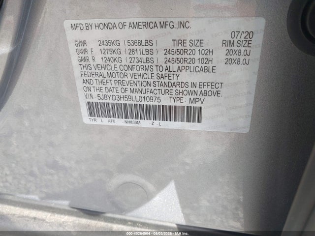 45264504 :رقم المزاد ، 5J8YD3H59LL010975 vin ، 2020 Acura Mdx Technology Package مزاد بيع