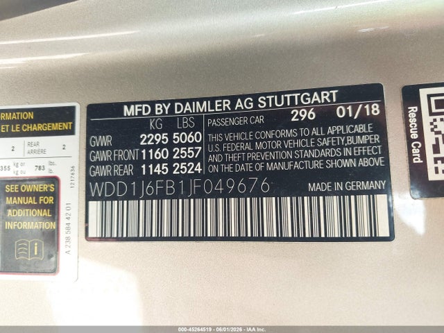 Продаж на аукціоні авто 2018 Mercedes-benz E 400, vin: WDD1J6FB1JF049676, номер лоту: 45264519