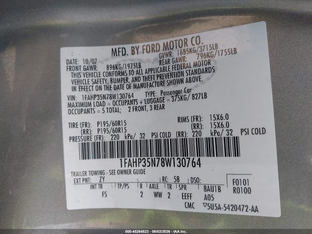 2008 Ford Focus Se/ses მანქანა იყიდება აუქციონზე, vin: 1FAHP35N78W130764, აუქციონის ნომერი: 45264523