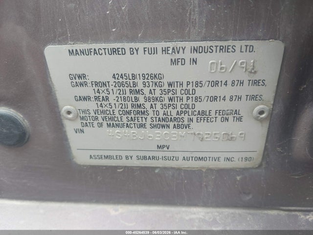 Aukcja sprzedaży 1991 Subaru Legacy L/hx/px/rx, vin: 4S4BJ63C3M7925069, numer aukcji: 45264539