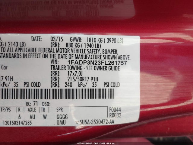 1FADP3N23FL261757 Ford Focus Titanium
