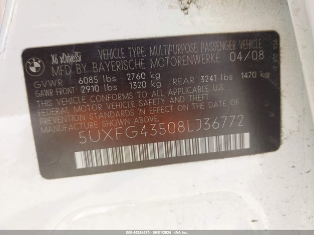 Продаж на аукціоні авто 2008 Bmw X6 Xdrive35i, vin: 5UXFG43508LJ36772, номер лоту: 45264570