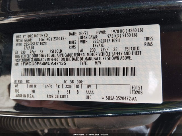 Ford ESCAPE S 2021 1FMCU0F64MUA47135 Image 9
