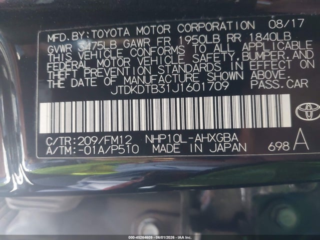 Toyota Prius C Three 2018 JTDKDTB31J1601709 Image 9