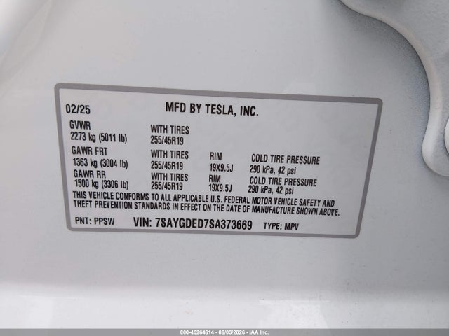 Aukcja sprzedaży 2025 Tesla Model Y Long Range Dual Motor Rear-wheel Drive, vin: 7SAYGDED7SA373669, numer aukcji: 45264614
