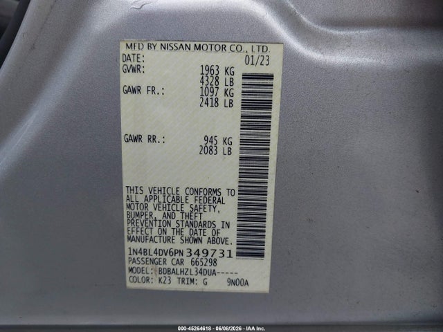 2023 Nissan Altima Sv Fwd მანქანა იყიდება აუქციონზე, vin: 1N4BL4DV6PN349731, აუქციონის ნომერი: 45264618