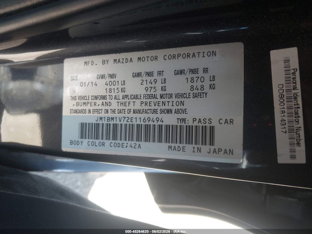 45264620 :رقم المزاد ، JM1BM1V72E1169494 vin ، 2014 Mazda Mazda3 I Touring مزاد بيع